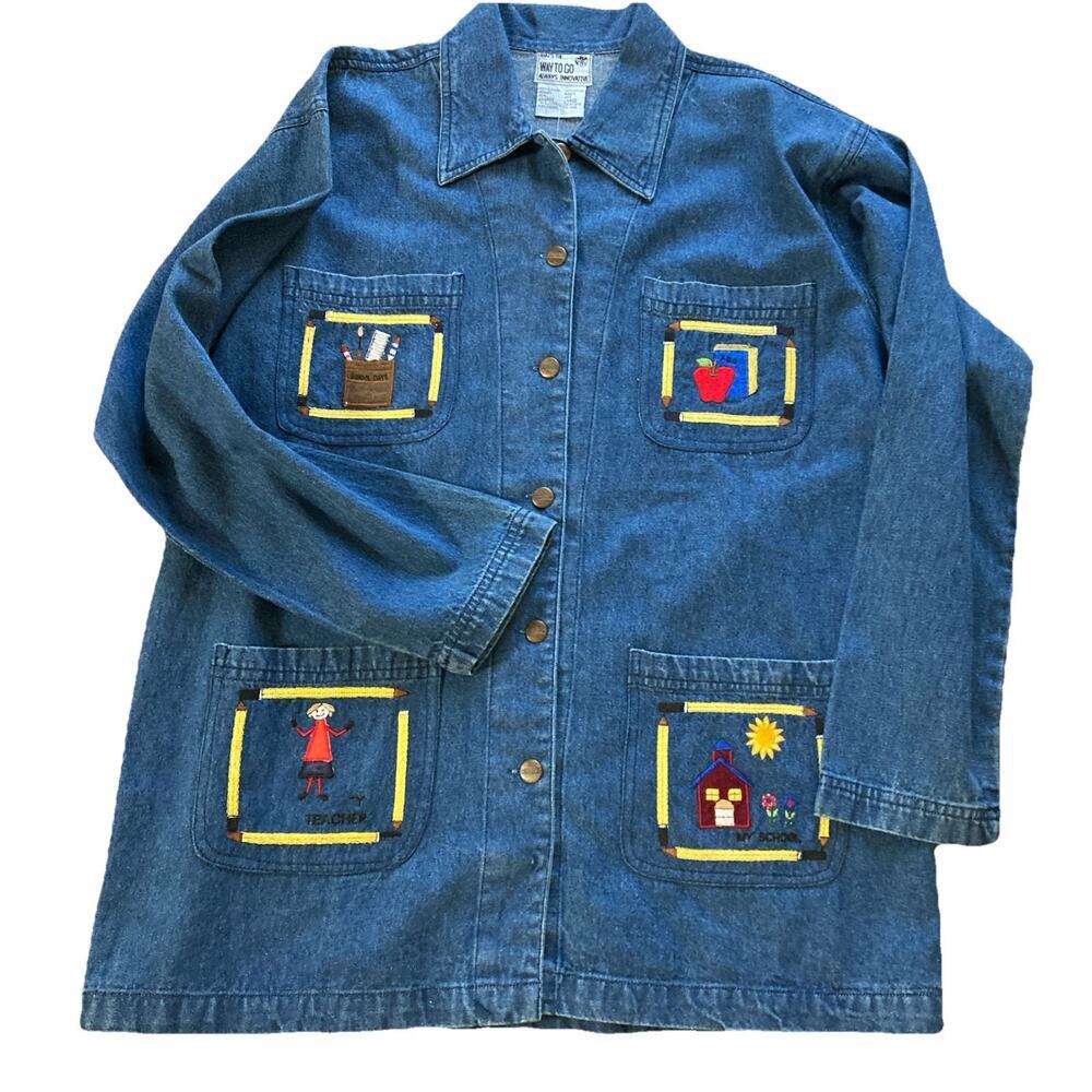 Way To Go Jean Jacket Women’s Sz L New Blue‎ Embroidered School Teacher Shacket